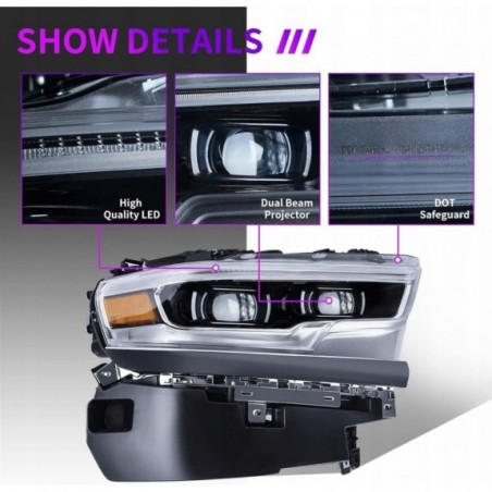 DODGE RAM 1500 LIMITED 2019- LAMPA FULL LED PRAWA CZARNA Z LISTWĄ CZARNĄ