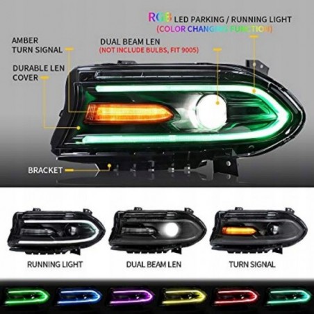 LAMPA LAMPY PRZEDNIE Z LED RGB VLAND EU KOMPLET DODGE CHARGER 2015-2023