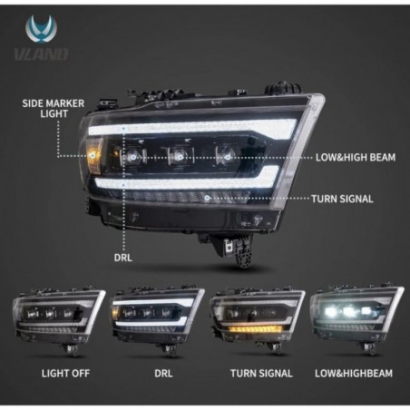 LAMPA LAMPY LED CZARNE SOCZEWKI VLAND MATRIX KOMPLET DODGE RAM 1500 2019-24