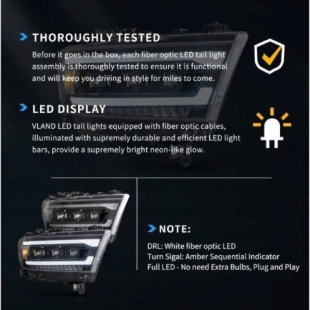 LAMPA LAMPY LED CZARNE SOCZEWKI VLAND MATRIX KOMPLET DODGE RAM 1500 2019-24