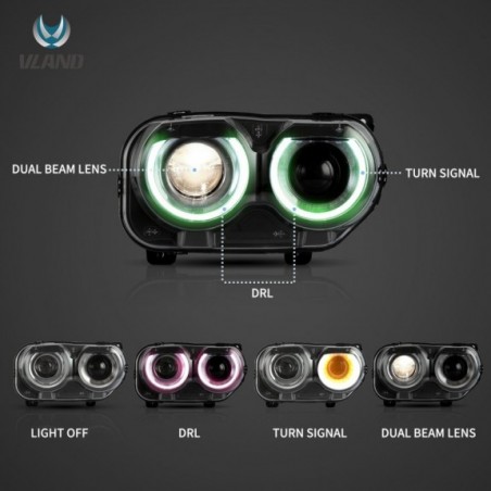 DODGE CHALLENGER 2015-23 LAMPA LAMPY LEWA +PRAWA PRZÓD EUROPA LED VLAND RGB