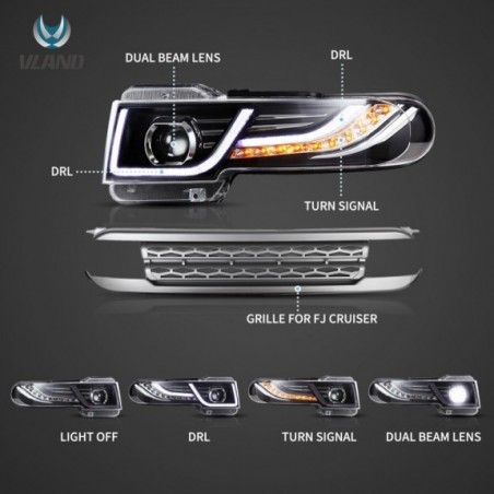 TOYOTA FJ CRUISER XJ10 2007-2015 LAMPA LAMPY PRZÓD LED VLAND EUROPA + GRILL