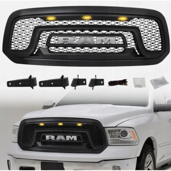 DODGE RAM 1500 2013-18 ATRAPA GRILL STYL WZÓR REBEL + LAMPKI + NAPIS LED
