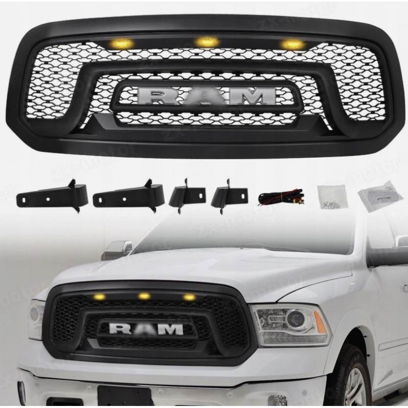 DODGE RAM 1500 2013-18 ATRAPA GRILL STYL WZÓR REBEL + LAMPKI + NAPIS LED