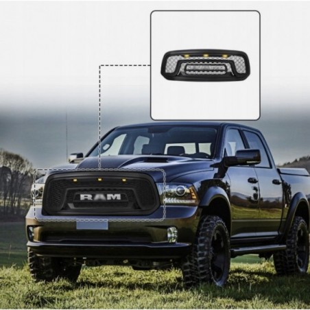 ATRAPA GRILL STYL WZÓR REBEL + LAMPKI + NAPIS LED DODGE RAM 1500 2013-2018