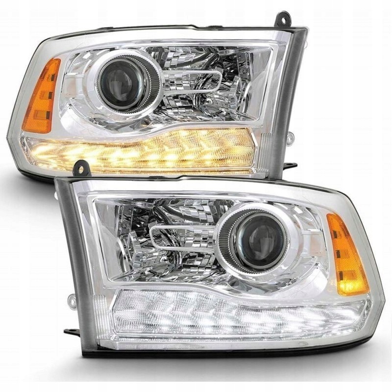 DODGE RAM 2013- LAMPA LAMPY EUROPA PRAWA +LEWA CHROM SOCZEWKA BIAŁY LED DRL