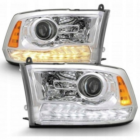 DODGE RAM 2013- LAMPA LAMPY EUROPA PRAWA +LEWA CHROM SOCZEWKA BIAŁY LED DRL