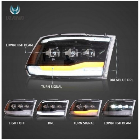 DODGE RAM IV 2009- LAMPA LAMPY LED VLAND LEWA+PRAWA KPL BLACK 3 SOCZEWKI EU